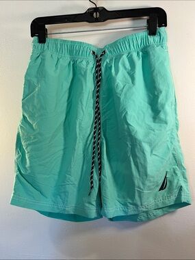 Nautica Men's Aqua Swim Trunks with Black-and-White Drawstring